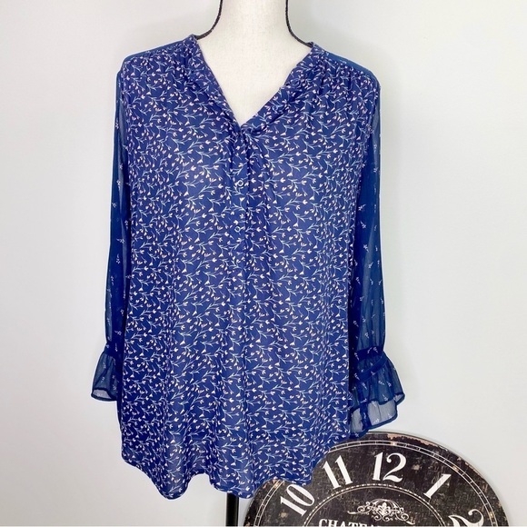 Lucky Brand Blue floral mixed print sheer back boho bohemian blouse top size L - Picture 5 of 9